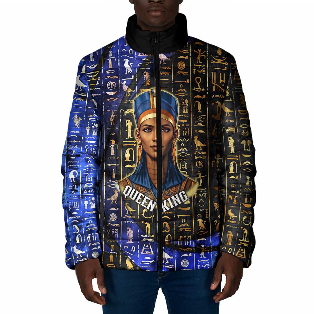 Hatshepsut Padded Jacket with Queen King Portrait, Temple Illustration and Blue-Gold Hieroglyphic - African Pride