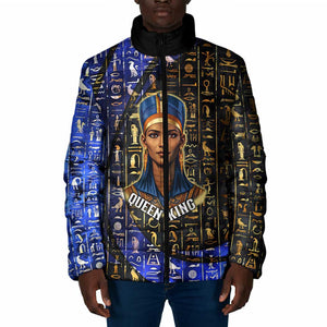 Hatshepsut Padded Jacket with Queen King Portrait, Temple Illustration and Blue-Gold Hieroglyphic - African Pride