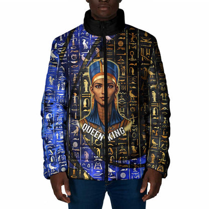 Hatshepsut Padded Jacket with Queen King Portrait, Temple Illustration and Blue-Gold Hieroglyphic - African Pride