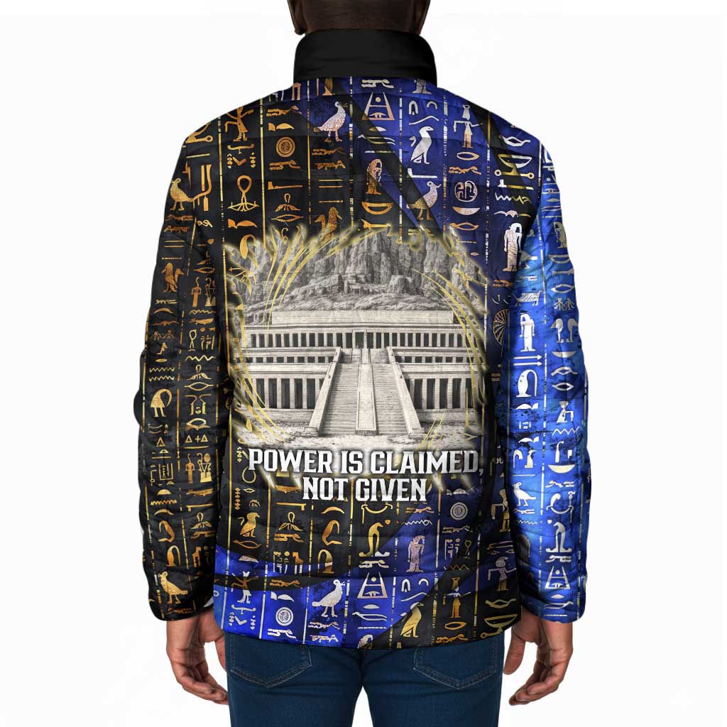 Hatshepsut Padded Jacket with Queen King Portrait, Temple Illustration and Blue-Gold Hieroglyphic - African Pride