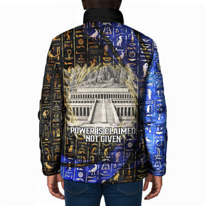 Hatshepsut Padded Jacket with Queen King Portrait, Temple Illustration and Blue-Gold Hieroglyphic - African Pride