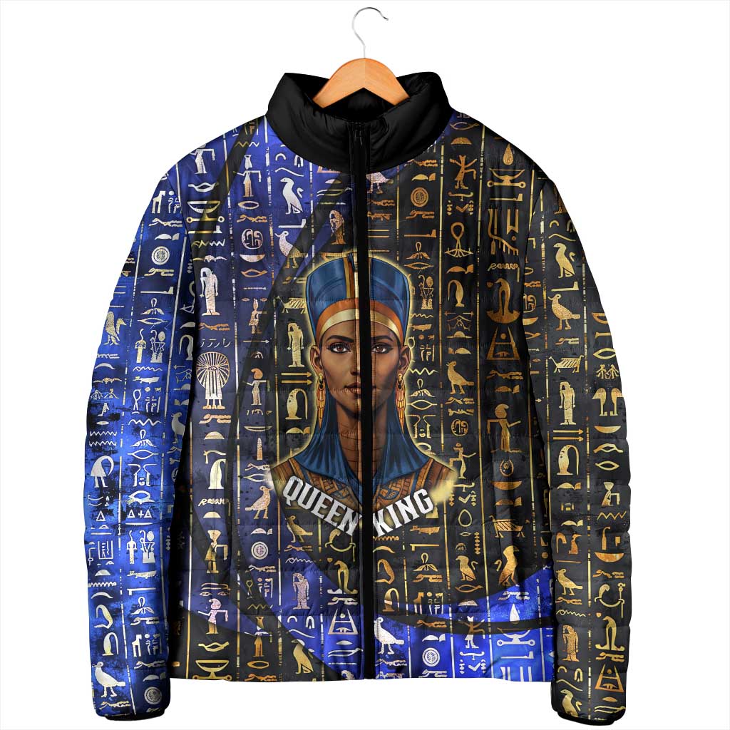 Hatshepsut Padded Jacket with Queen King Portrait, Temple Illustration and Blue-Gold Hieroglyphic - African Pride