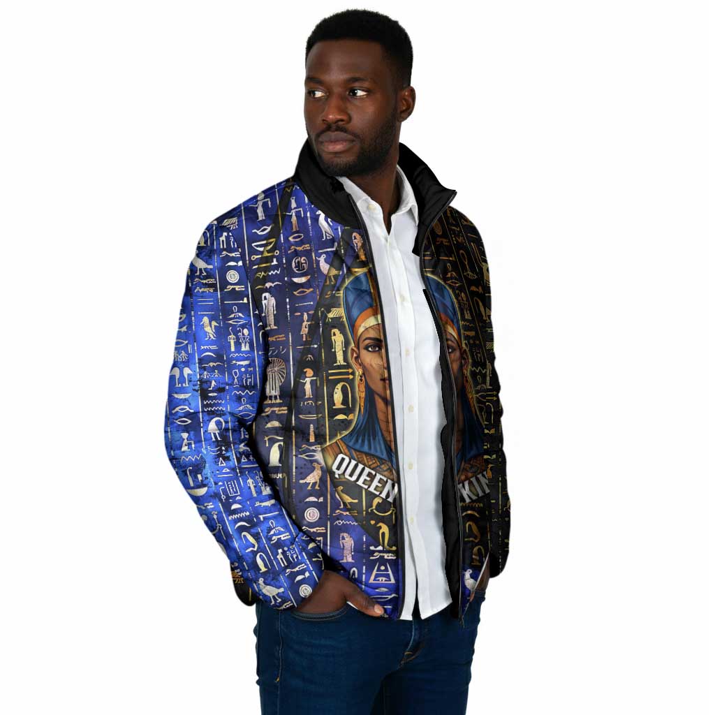 Hatshepsut Padded Jacket with Queen King Portrait, Temple Illustration and Blue-Gold Hieroglyphic - African Pride