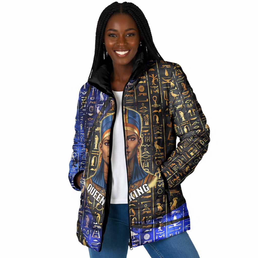 Hatshepsut Padded Jacket with Queen King Portrait, Temple Illustration and Blue-Gold Hieroglyphic - African Pride
