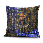 Hatshepsut Pillow Cover with Queen King Portrait, Temple Illustration and Blue-Gold Hieroglyphic - African Pride