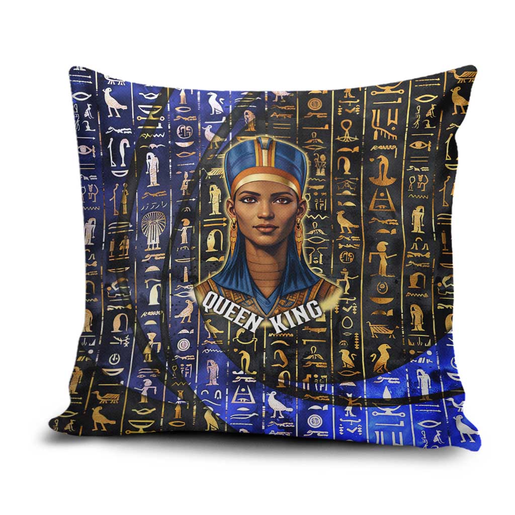 Hatshepsut Pillow Cover with Queen King Portrait, Temple Illustration and Blue-Gold Hieroglyphic - African Pride