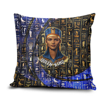 Hatshepsut Pillow Cover with Queen King Portrait, Temple Illustration and Blue-Gold Hieroglyphic - African Pride
