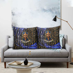 Hatshepsut Pillow Cover with Queen King Portrait, Temple Illustration and Blue-Gold Hieroglyphic - African Pride