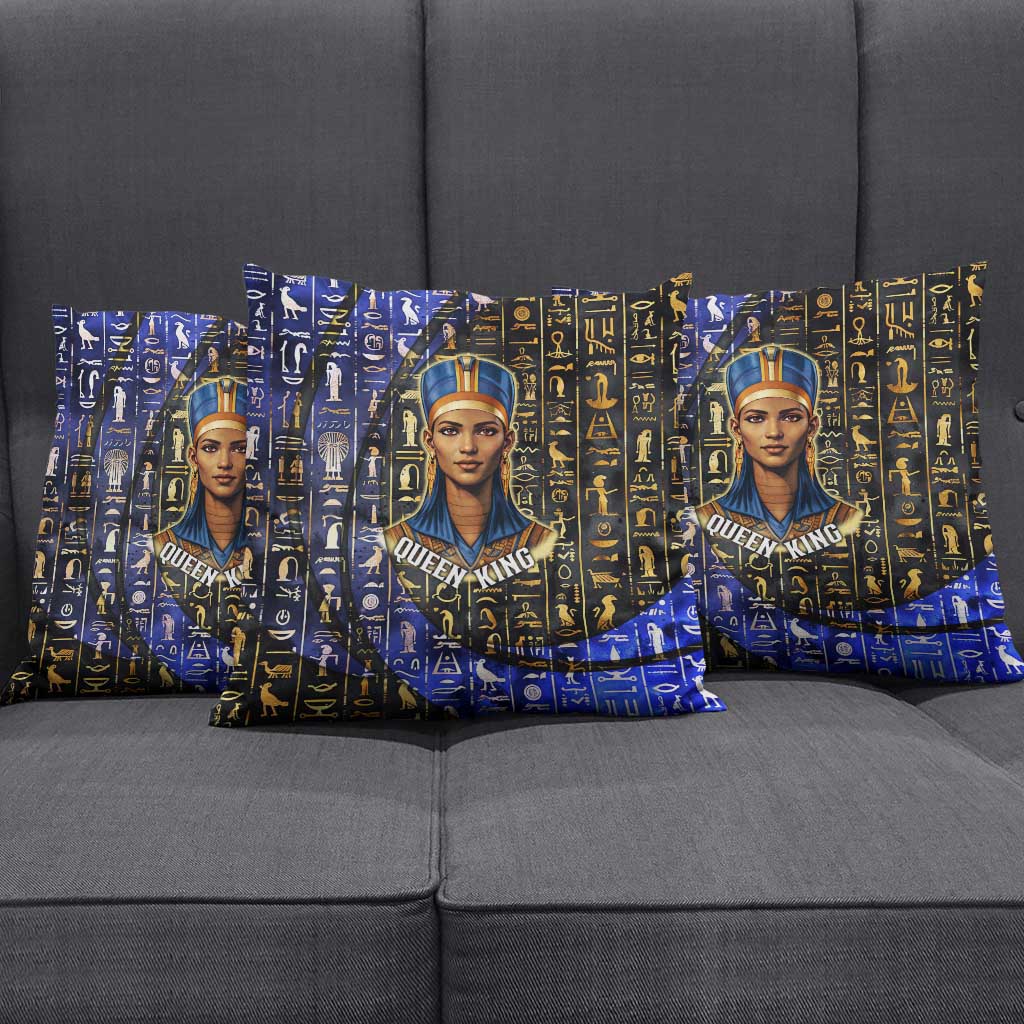 Hatshepsut Pillow Cover with Queen King Portrait, Temple Illustration and Blue-Gold Hieroglyphic - African Pride