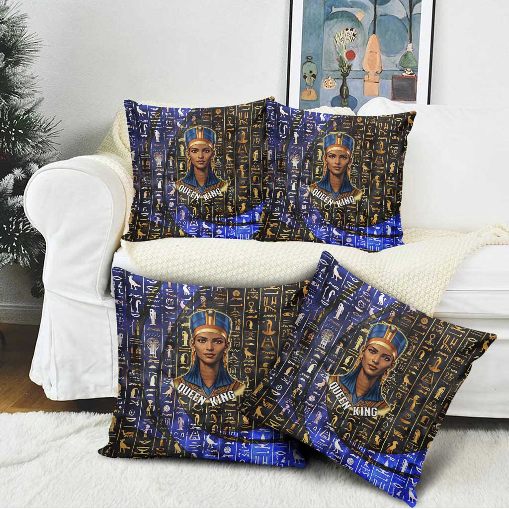 Hatshepsut Pillow Cover with Queen King Portrait, Temple Illustration and Blue-Gold Hieroglyphic - African Pride