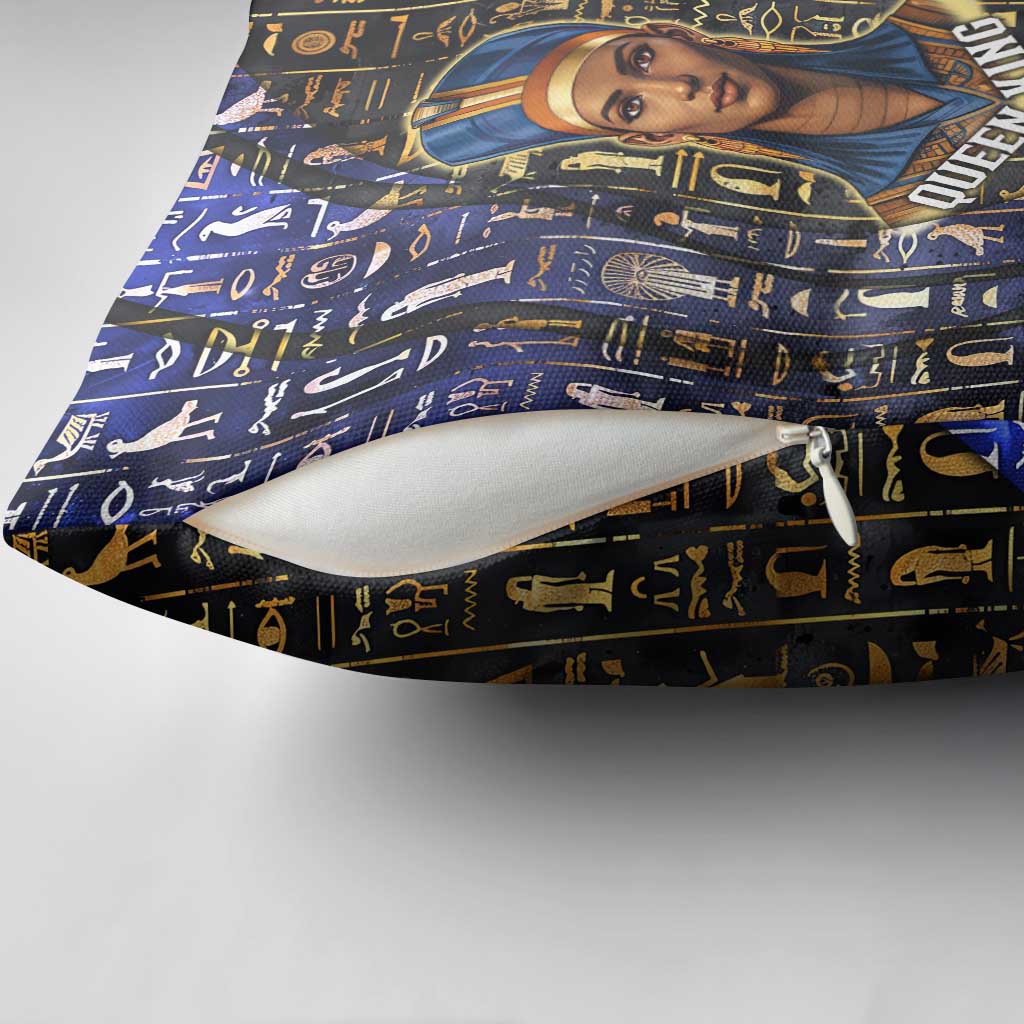 Hatshepsut Pillow Cover with Queen King Portrait, Temple Illustration and Blue-Gold Hieroglyphic - African Pride