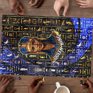 Hatshepsut Puzzle with Queen King Portrait, Temple Illustration and Blue-Gold Hieroglyphic - African Pride