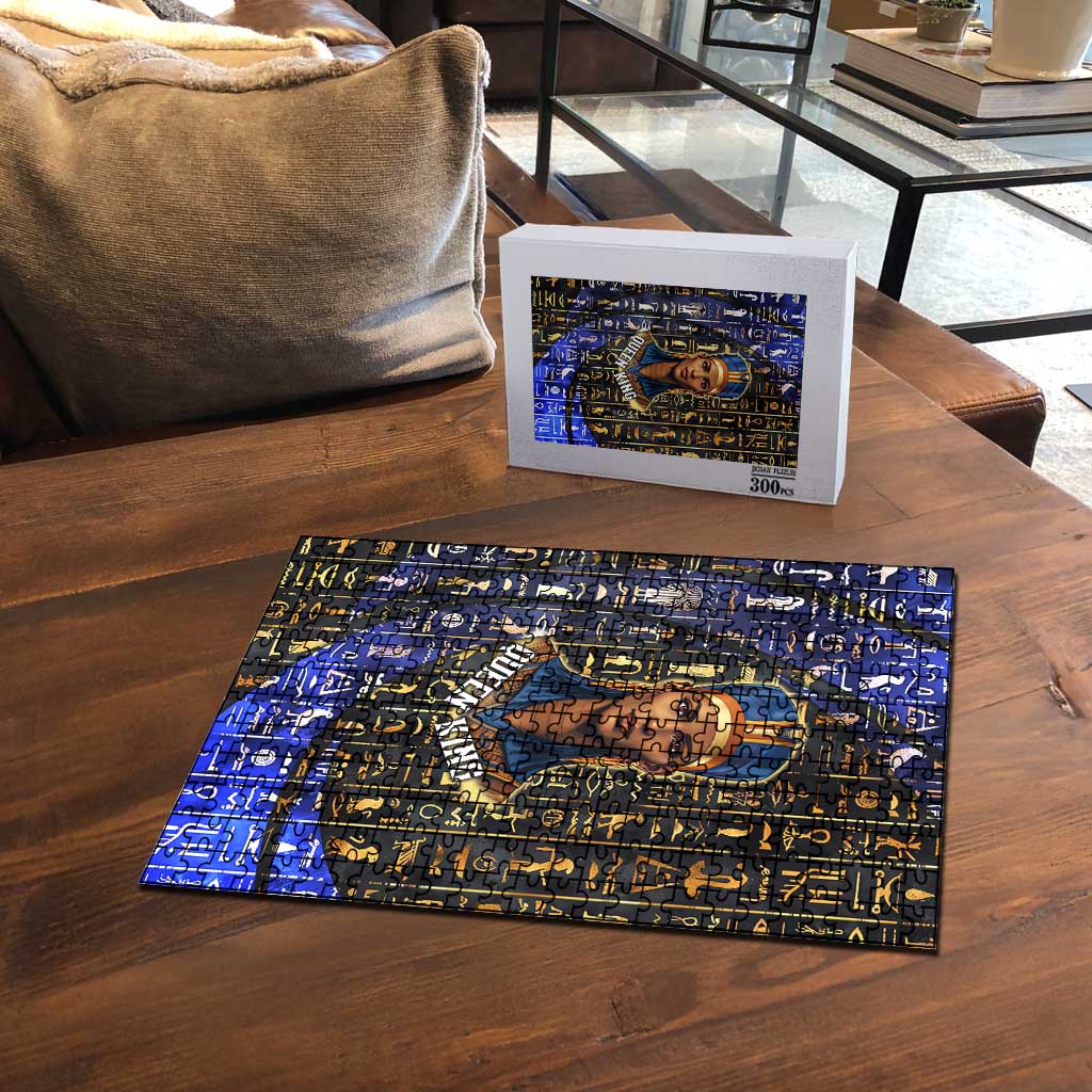 Hatshepsut Puzzle with Queen King Portrait, Temple Illustration and Blue-Gold Hieroglyphic - African Pride