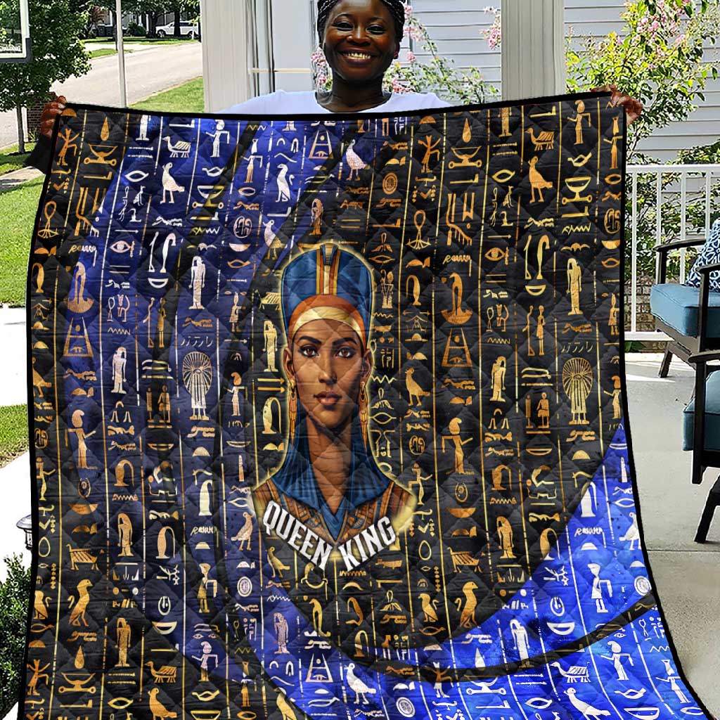 Hatshepsut Quilt with Queen King Portrait, Temple Illustration and Blue-Gold Hieroglyphic - African Pride