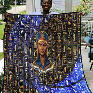 Hatshepsut Quilt with Queen King Portrait, Temple Illustration and Blue-Gold Hieroglyphic - African Pride