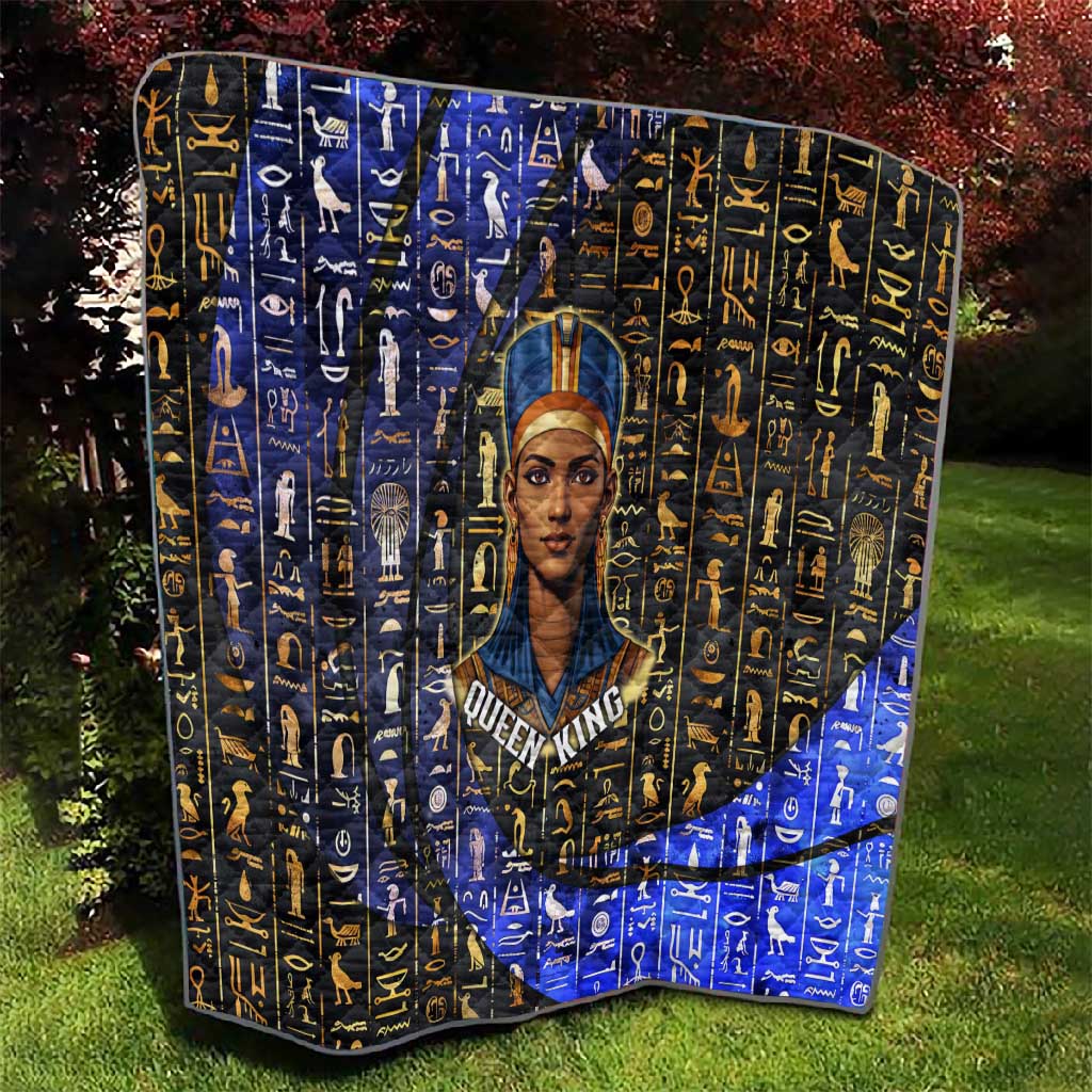 Hatshepsut Quilt with Queen King Portrait, Temple Illustration and Blue-Gold Hieroglyphic - African Pride