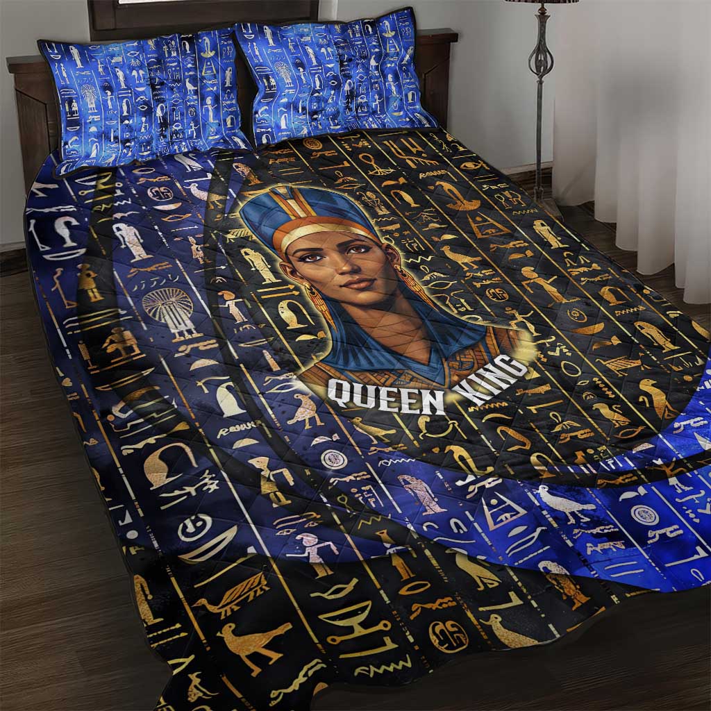 Hatshepsut Quilt Bed Set with Queen King Portrait, Temple Illustration and Blue-Gold Hieroglyphic - African Pride