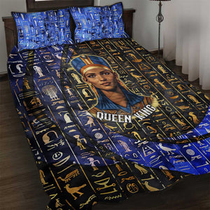 Hatshepsut Quilt Bed Set with Queen King Portrait, Temple Illustration and Blue-Gold Hieroglyphic - African Pride