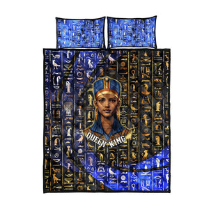 Hatshepsut Quilt Bed Set with Queen King Portrait, Temple Illustration and Blue-Gold Hieroglyphic - African Pride