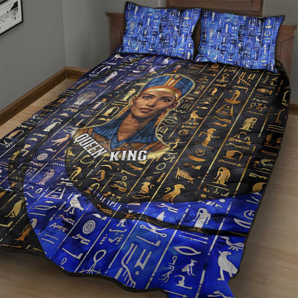 Hatshepsut Quilt Bed Set with Queen King Portrait, Temple Illustration and Blue-Gold Hieroglyphic - African Pride