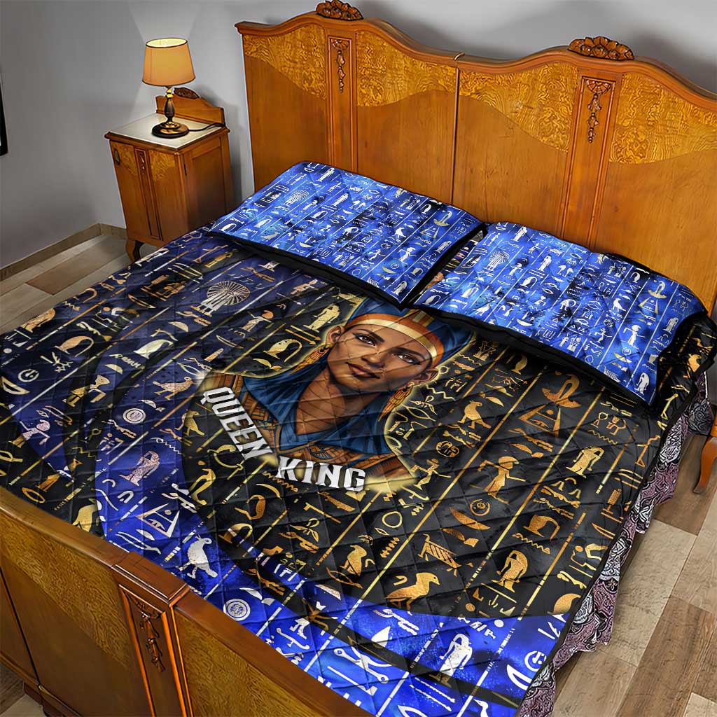 Hatshepsut Quilt Bed Set with Queen King Portrait, Temple Illustration and Blue-Gold Hieroglyphic - African Pride