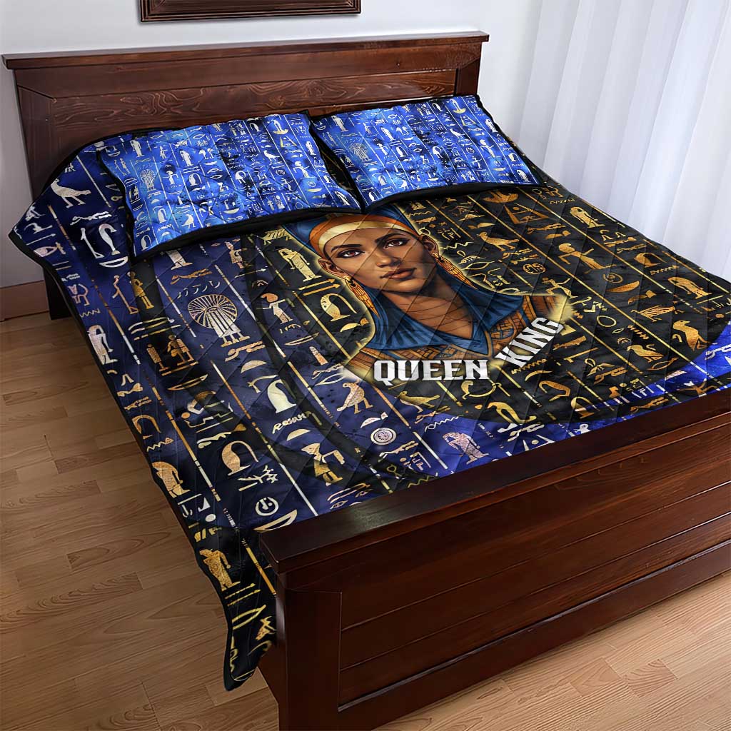 Hatshepsut Quilt Bed Set with Queen King Portrait, Temple Illustration and Blue-Gold Hieroglyphic - African Pride