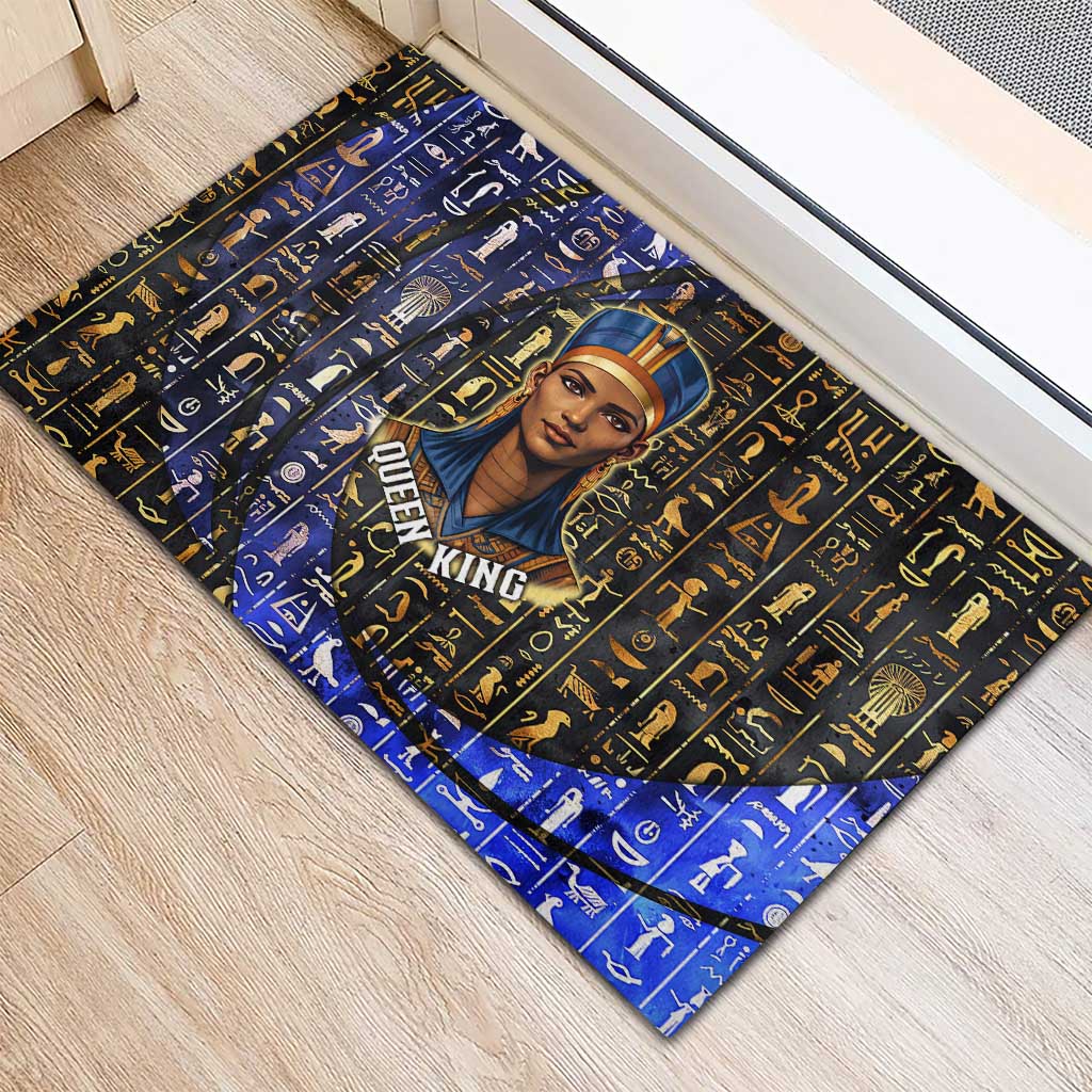 Hatshepsut Rubber Doormat with Queen King Portrait, Temple Illustration and Blue-Gold Hieroglyphic - African Pride