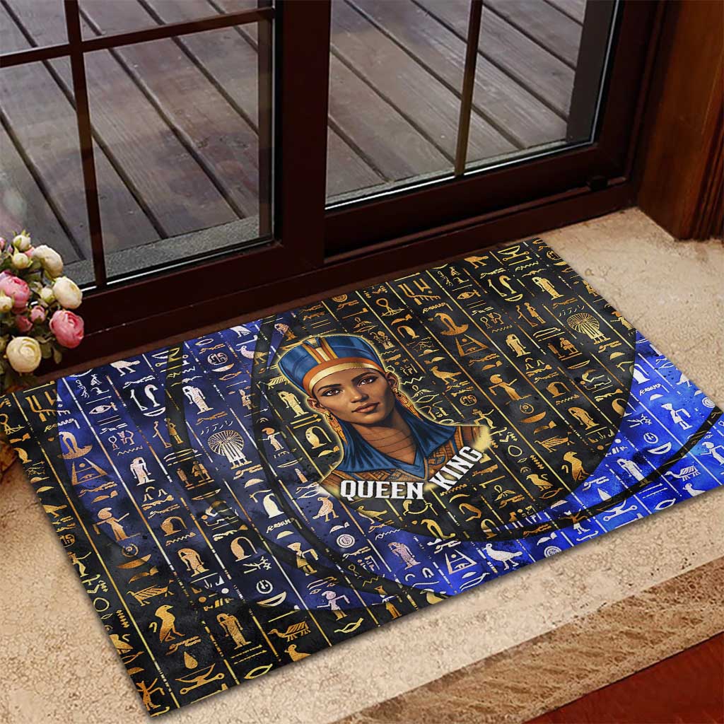 Hatshepsut Rubber Doormat with Queen King Portrait, Temple Illustration and Blue-Gold Hieroglyphic - African Pride