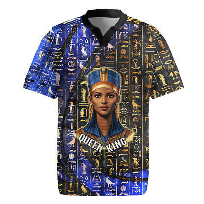 Hatshepsut Rugby Jersey with Queen King Portrait, Temple Illustration and Blue-Gold Hieroglyphic - African Pride
