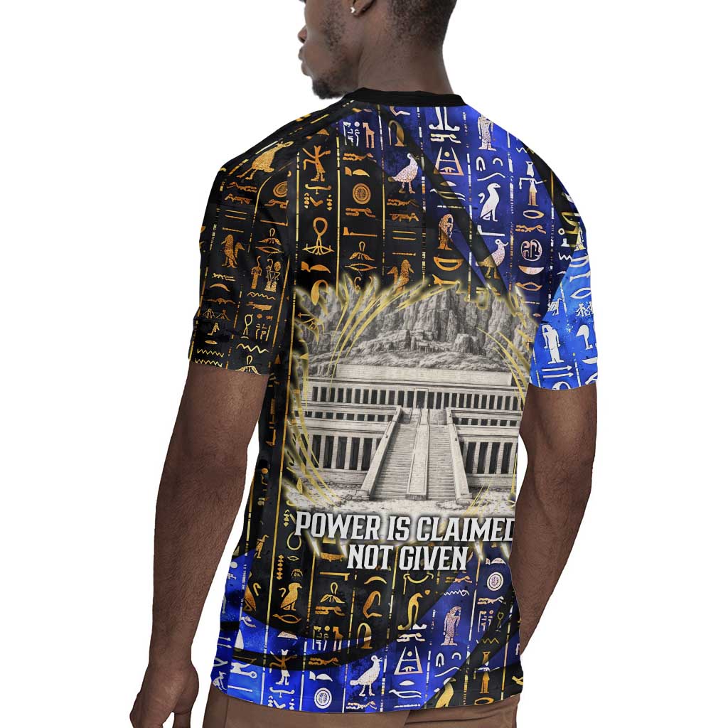 Hatshepsut Rugby Jersey with Queen King Portrait, Temple Illustration and Blue-Gold Hieroglyphic - African Pride