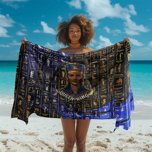 Hatshepsut Sarong with Queen King Portrait, Temple Illustration and Blue-Gold Hieroglyphic - African Pride