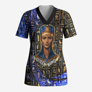 Hatshepsut Scrub Top with Queen King Portrait, Temple Illustration and Blue-Gold Hieroglyphic - African Pride