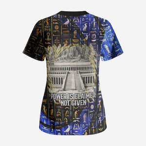 Hatshepsut Scrub Top with Queen King Portrait, Temple Illustration and Blue-Gold Hieroglyphic - African Pride