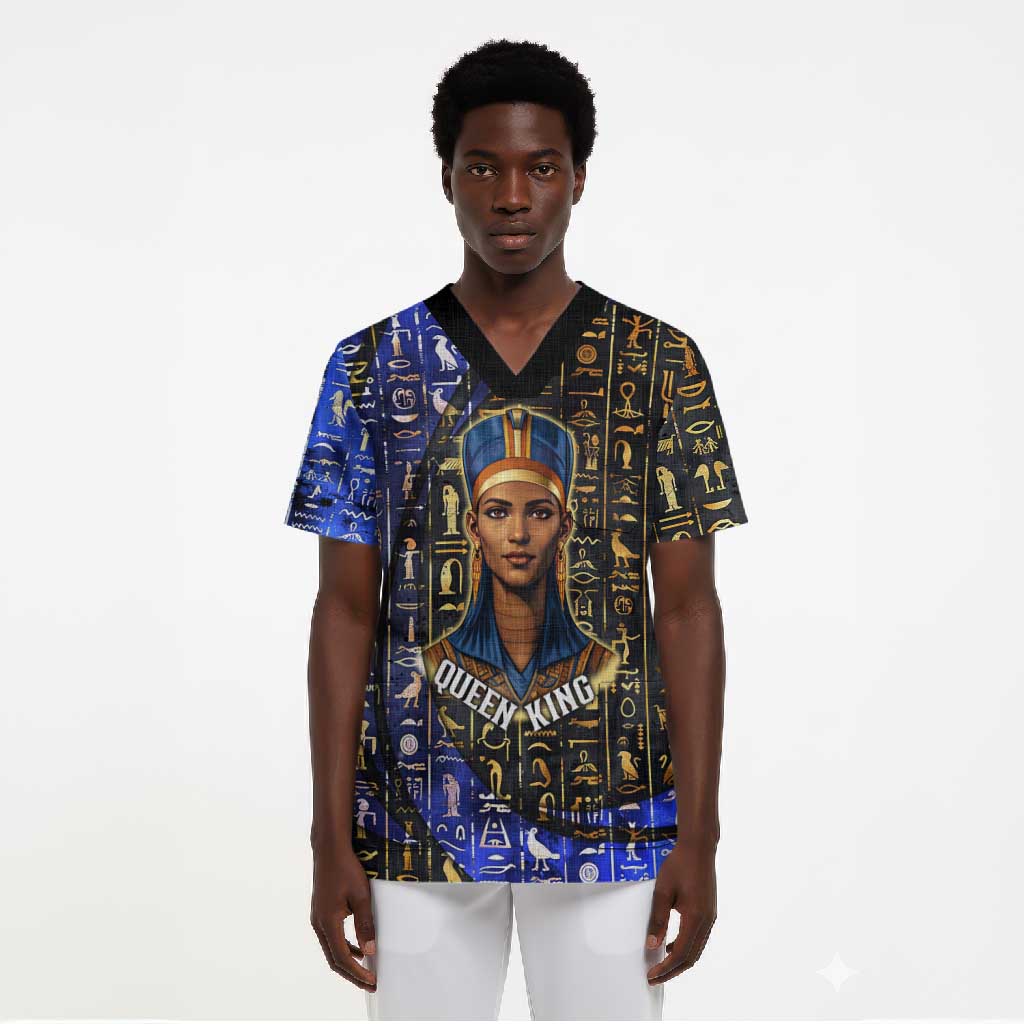 Hatshepsut Scrub Top with Queen King Portrait, Temple Illustration and Blue-Gold Hieroglyphic - African Pride