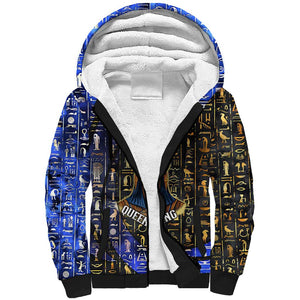 Hatshepsut Sherpa Hoodie with Queen King Portrait, Temple Illustration and Blue-Gold Hieroglyphic - African Pride