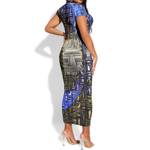 Hatshepsut Short Sleeve Bodycon Dress with Queen King Portrait, Temple Illustration and Blue-Gold Hieroglyphic - African Pride