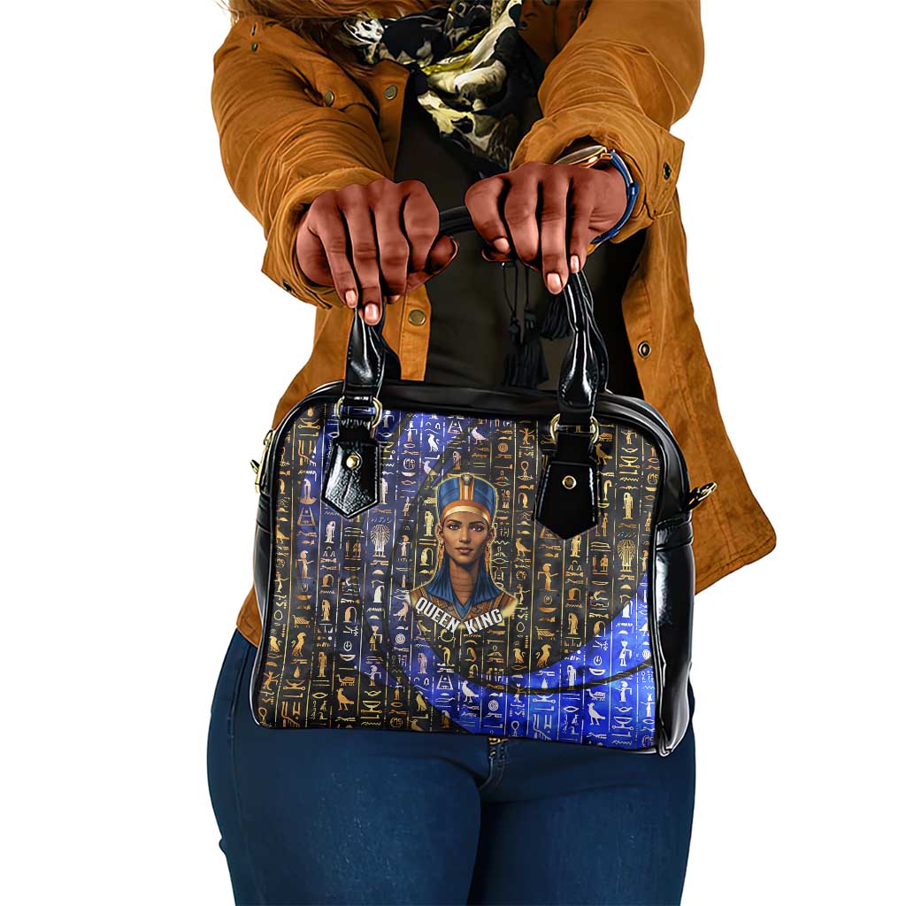 Hatshepsut Shoulder Handbag with Queen King Portrait, Temple Illustration and Blue-Gold Hieroglyphic - African Pride