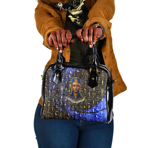 Hatshepsut Shoulder Handbag with Queen King Portrait, Temple Illustration and Blue-Gold Hieroglyphic - African Pride