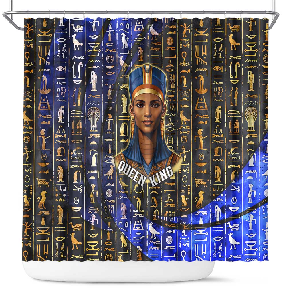 Hatshepsut Shower Curtain with Queen King Portrait, Temple Illustration and Blue-Gold Hieroglyphic - African Pride