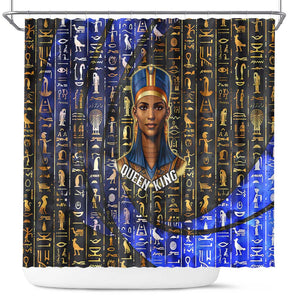 Hatshepsut Shower Curtain with Queen King Portrait, Temple Illustration and Blue-Gold Hieroglyphic - African Pride