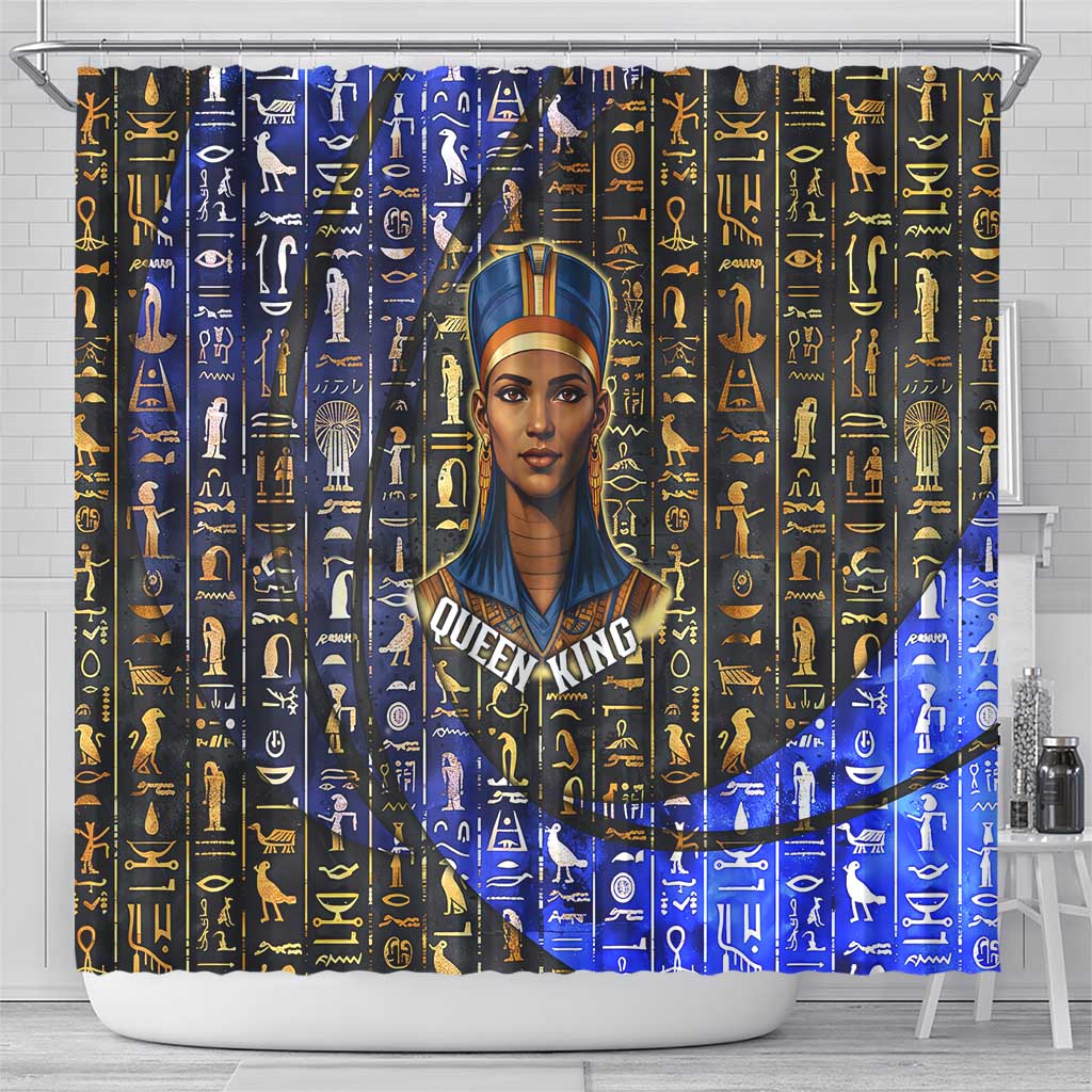 Hatshepsut Shower Curtain with Queen King Portrait, Temple Illustration and Blue-Gold Hieroglyphic - African Pride