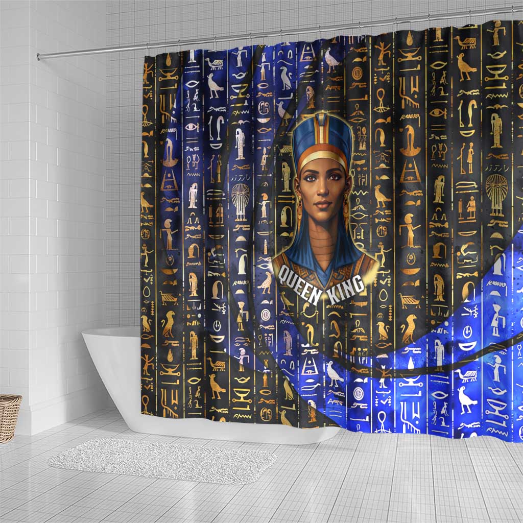 Hatshepsut Shower Curtain with Queen King Portrait, Temple Illustration and Blue-Gold Hieroglyphic - African Pride