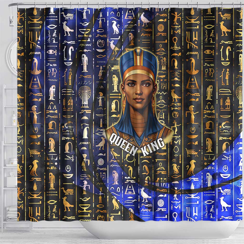 Hatshepsut Shower Curtain with Queen King Portrait, Temple Illustration and Blue-Gold Hieroglyphic - African Pride