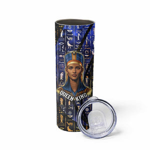 Hatshepsut Skinny Tumbler with Queen King Portrait, Temple Illustration and Blue-Gold Hieroglyphic - African Pride