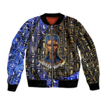Hatshepsut Sleeve Zip Bomber Jacket with Queen King Portrait, Temple Illustration and Blue-Gold Hieroglyphic - African Pride