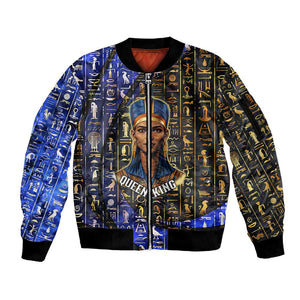 Hatshepsut Sleeve Zip Bomber Jacket with Queen King Portrait, Temple Illustration and Blue-Gold Hieroglyphic - African Pride
