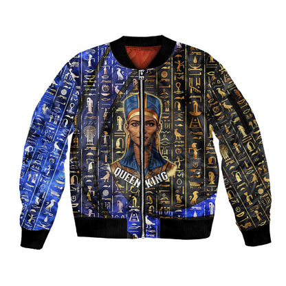 Hatshepsut Sleeve Zip Bomber Jacket with Queen King Portrait, Temple Illustration and Blue-Gold Hieroglyphic - African Pride