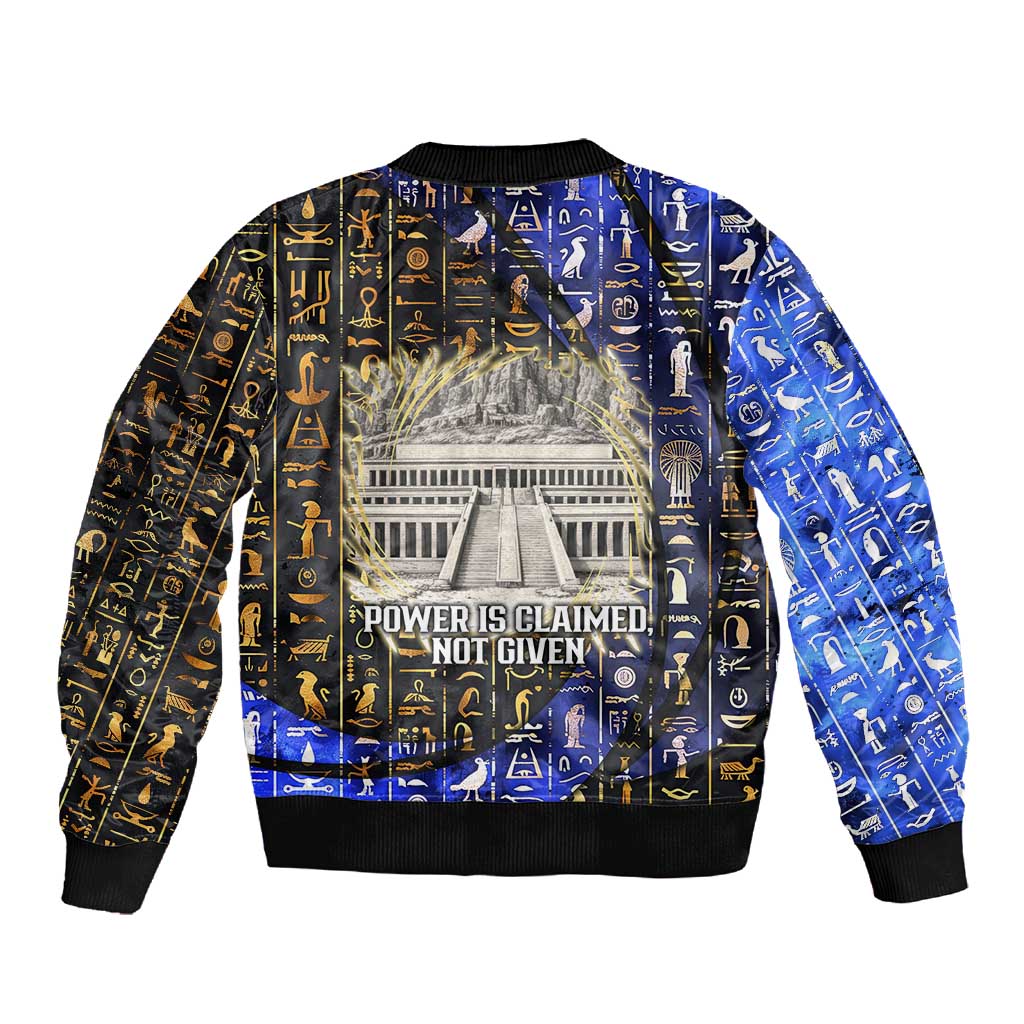 Hatshepsut Sleeve Zip Bomber Jacket with Queen King Portrait, Temple Illustration and Blue-Gold Hieroglyphic - African Pride