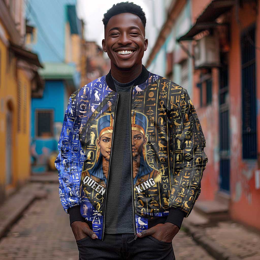 Hatshepsut Sleeve Zip Bomber Jacket with Queen King Portrait, Temple Illustration and Blue-Gold Hieroglyphic - African Pride