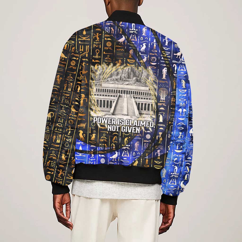 Hatshepsut Sleeve Zip Bomber Jacket with Queen King Portrait, Temple Illustration and Blue-Gold Hieroglyphic - African Pride